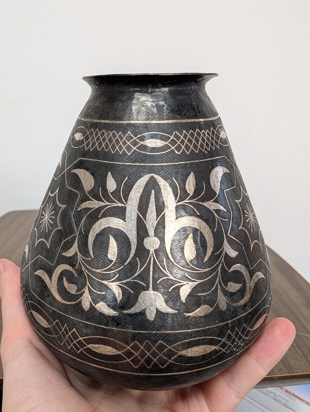 Antique Islamic Indo-Persian Bidriware Gray With Silver Koftgari Florals Vase